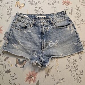 PacSun Butterfly Print Denim Shorts Y2K Low Rise Festival Frayed Hem Size 26